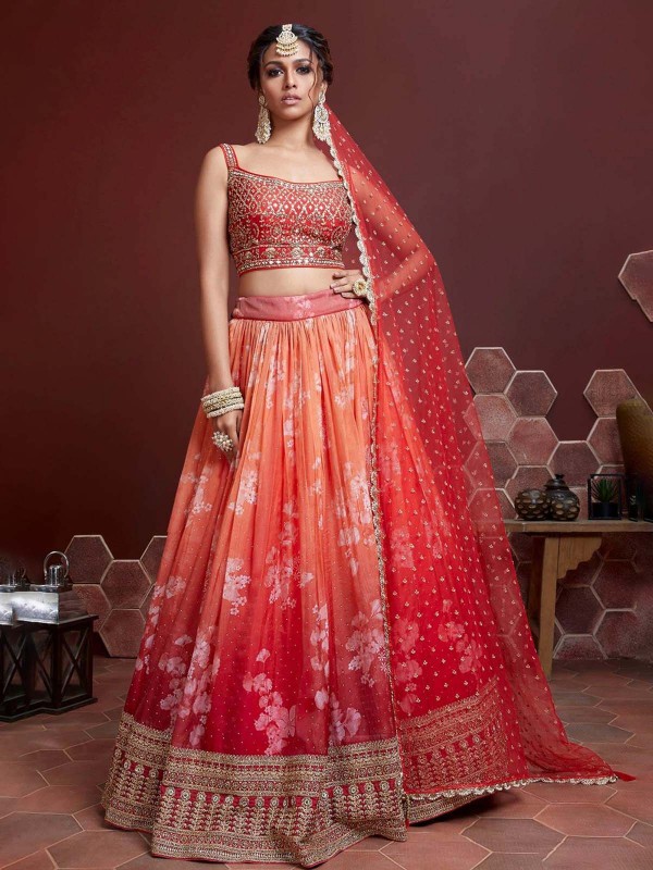 Orange Organza Silk Lehenga Choli